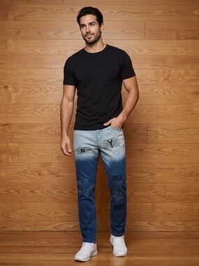 BOHO Men’s Tapered 2 Tone JEANS Stone Wash Letters Characters Symbol Size 30